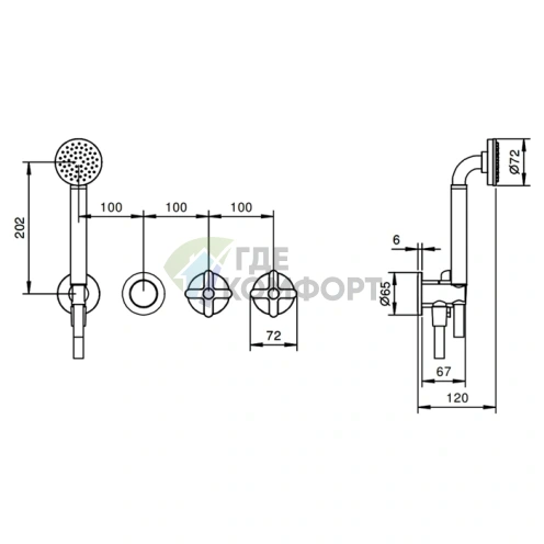 Смеситель для душа Fantini Icona Classic встроенный на 2 выхода с ручным душем хром (53 02 R017B) - фото 2