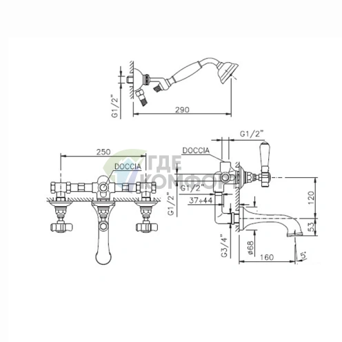 Смеситель для ванны Nicolazzi El Capitan: настенный монтаж, две ручки, ручной душ, хром (1403CR69) - фото 2