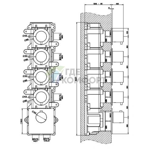 Термостатический смеситель GESSI на 4 выхода, резьба 3/4, цвет Brushed Black Metal PVD (54508#707) - фото 2