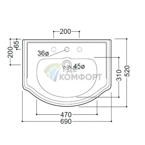 Раковина KERASAN Retro 69 белого цвета 69x52 см с тремя отверстиями (104601*3) - фото 3