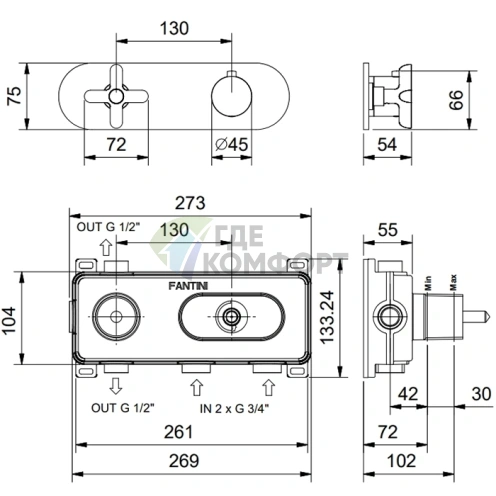 Термостатический смеситель для душа Fantini Icona Classic на 2 источника, 3/4, матовый медь PVD (53 P9 R772B) - фото 2