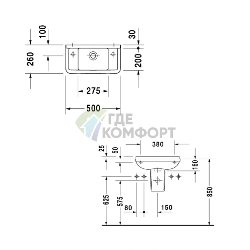 Белая подвесная раковина Duravit Starck 3 500x260 мм с переливом и отверстием слева (751500009) - фото 2