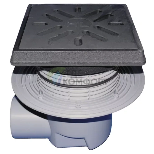 Трап HL615.1W с решеткой в подрамнике 226x226 мм-грязеуловителем и горизонтальным выпуском DN110 фото 1