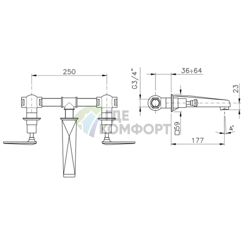 Настенный смеситель для раковины Nicolazzi Vincent на 3 отверстия, хром (1077CR28) - фото 2