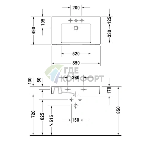 Раковина Duravit Vero для мебели с 3 отверстиями под смеситель 850x490 мм белая (329850030) - фото 4