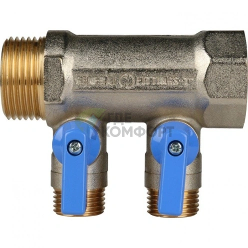 Коллектор распределительный 1 с запорными кранами и 2 отводами 1/2, ручки синие STOUT - фото 4