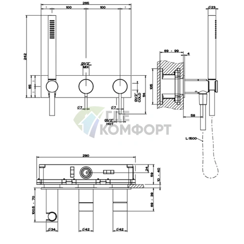 Встраиваемый смеситель GESSI 316 с автоматическим переключателем «ванна-душ» (цвет Brushed Black Metal PVD) (54038#707) - фото 2