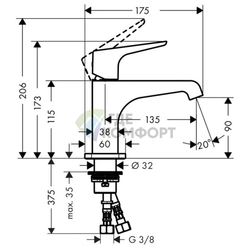 Смеситель для раковины AX Citterio E угловой 90°: одно отверстие, излив 135 мм, незапираемый донный клапан, хром (36112000) - фото 2