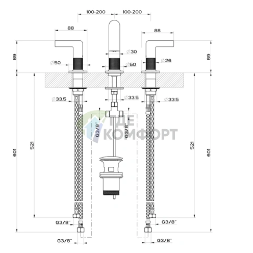 Смеситель для раковины GESSI INCISO на 3 отверстия с донным клапаном, излив 140 мм, высота 145 мм, цвет nero XL (58011#299) - фото 2