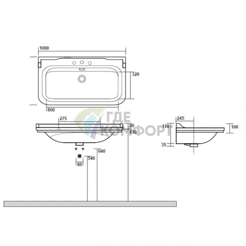 Раковина Kerasan Waldorf 100х55 см: керамическая черная с хромированной заглушкой (4142K4 nero/cr *1) - фото 2