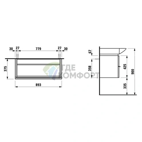 Подвесная тумба LAUFEN Palace 895 мм с двумя ящиками, цвет 05 (4.0125.2.075.999.1 - цвет 05) - фото 2