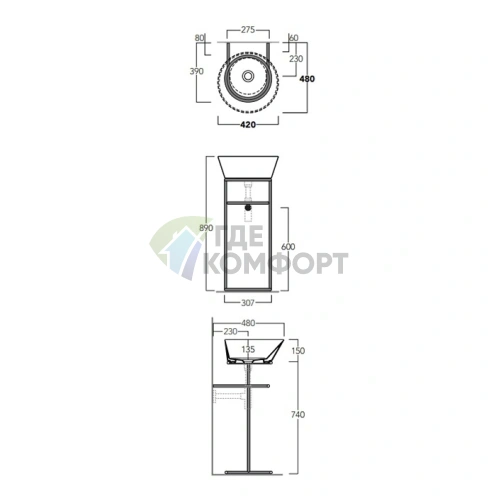 Раковина круглая SIMAS WAVE 42×42×16,5 см, белая, без отверстия под смеситель - фото 2