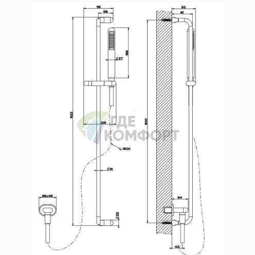 Душевая система Gessi Goccia: настенная штанга с ручным душем в белом цвете (33642#279) - фото 2