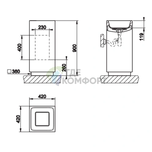 Напольная раковина Gessi Rettangolo 42x42 см, матовый белый, со сливом в стену - фото 2