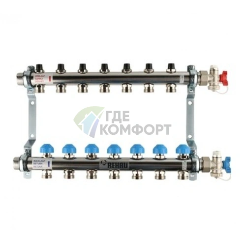Коллекторная группа REHAU HKV на 7 выходов (РЕХАУ - 12180711001)1x3/4ЕК из нержавеющей стали с регулирующими и термостатическими вентилям - фото 1