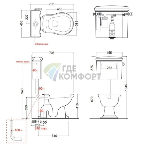 Подвесной бачок для унитаза KERASAN Retro 1010/1011, черный глянец (108204 nero) - фото 2