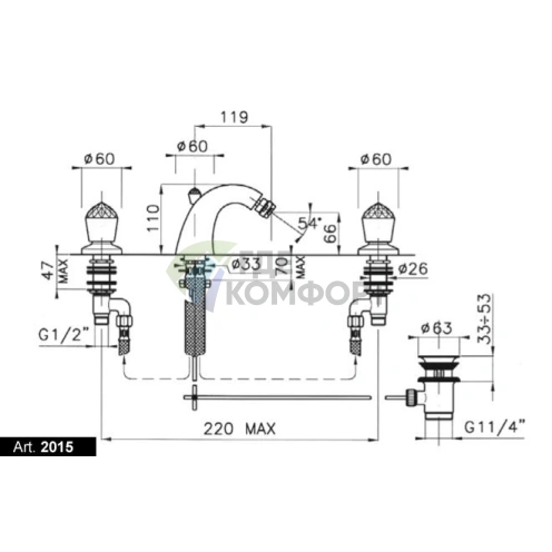 Смеситель для биде Nicolazzi Cristallo на 3 отверстия, золото, излив 119 мм (2015GO22) - фото 2