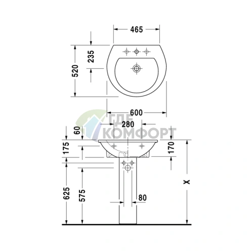 Раковина Duravit Darling New с тремя отверстиями под смеситель 600x520 мм белого цвета (2621600030) - фото 4
