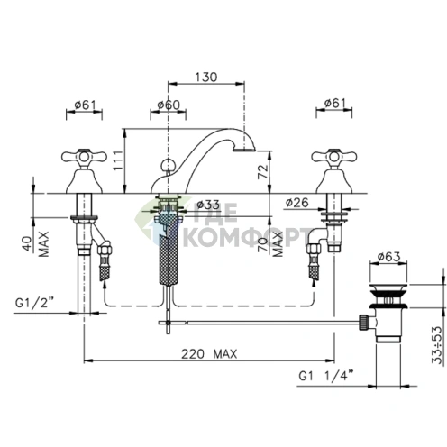 Смеситель для раковины Nicolazzi Nuova Brenta на 3 отверстия с донным клапаном, цвет бронза (2508BZ) - фото 2