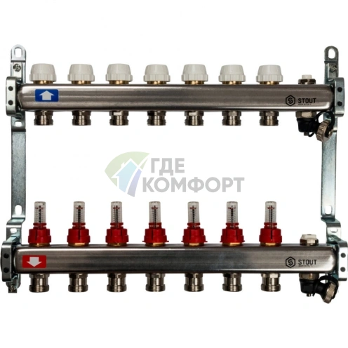 Коллекторная группа с запорными кранами из нержавеющей стали с расходомерами на 7 выходов STOUT - фото 2