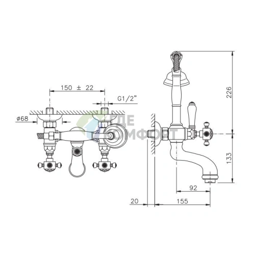 Смеситель для ванны Nicolazzi Le Pietre с двумя ручками и переключателем душ/ванна в золотом цвете (2101GO09) - фото 2