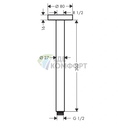 Потолочный держатель для верхнего душа 300 мм, цвет: шлифованный черный хром (27389340) - фото 2