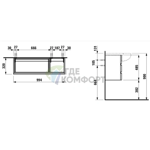 Тумба под раковину Laufen Alessi One 814974 с двумя ящиками и сифоном, 990x320x485 мм, цвет орех (4.2450.0.097.630.1) - фото 2