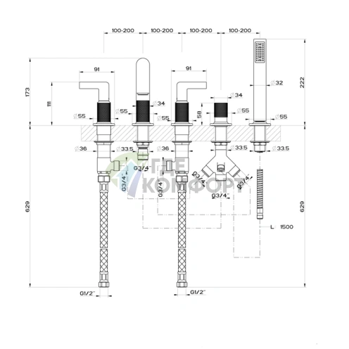 Смеситель для ванны GESSI INCOSO с изливом, ручным душем и переключателем (58040#149) - фото 2