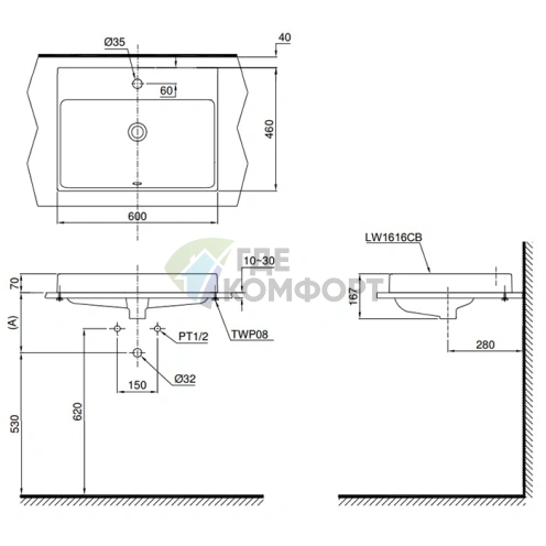 Полувстраиваемая раковина TOTO MH 600x460 мм с покрытием CeFiONtect (L1616C) - фото 4