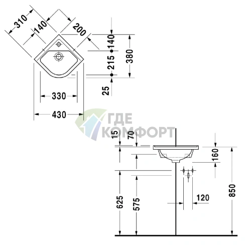 Угловая раковина Duravit Ph Starck 3 430x380 мм с переливом (752440000) - фото 2
