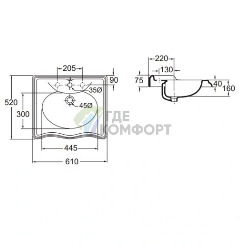 Накладная раковина AZZURRA JUBILAEUM 61x52 см с одним отверстием под смеситель, белая - фото 2