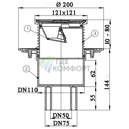 Трап HL310N.2-3000 с решеткой 115x115 мм-незамерзающим затвором и вертикальным выпуском DN50/75/110 - фото 3