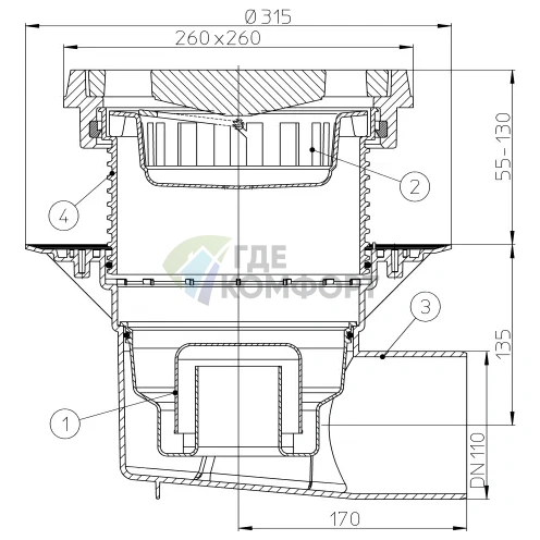 Трап HL615.1W с решеткой в подрамнике 226x226 мм-грязеуловителем и горизонтальным выпуском DN110 фото 3