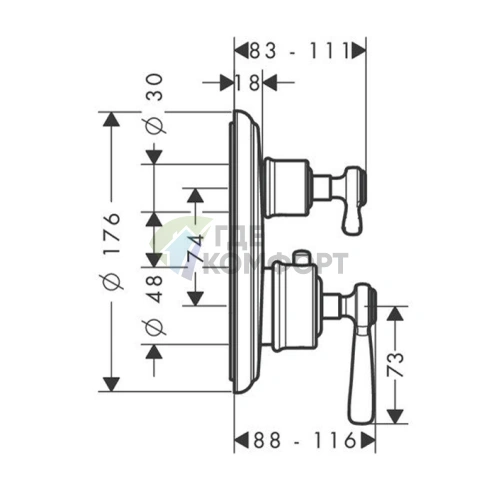 Термостатический смеситель AX Montreux для двух потребителей с рычажным переключением, полированное золото (16821990) - фото 2