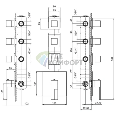 Термостат для душа Fantini AR/38 встраиваемый на 3 выхода, 3/4, хром (38 02 3903SB) - фото 2
