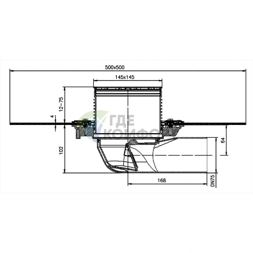 Трап HL5100TH с решеткой 138x138 мм-с приварным полимербитумным полотном-незамерзающим затвором и горизонтальным выпуском - фото 3