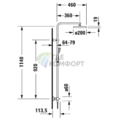 Душевая колонна Duravit B.2 с термостатом, верхним душем, штангой и лейкой (хром) (B24280008010) - фото 2