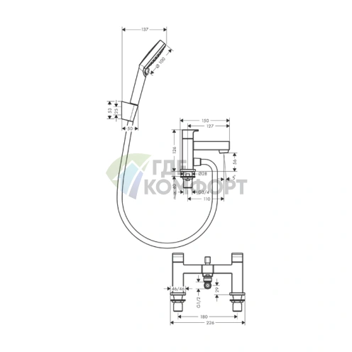 Смеситель для ванны Hansgrohe Vernis Shape с ручным душем Vernis Blend Vario в матовом черном цвете (71462670) - фото 2