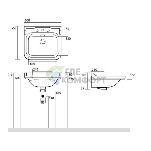 Керамическая раковина Kerasan Waldorf 60x55 см белая с отверстием под смеситель, заглушка хром (4140K1bi/cr*1) - фото 5
