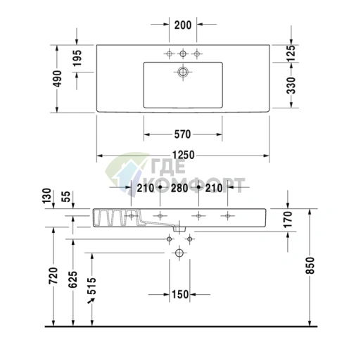Раковина Duravit Vero для мебели с переливом и отверстием под смеситель 1250x490 мм, белая (329120000) - фото 4