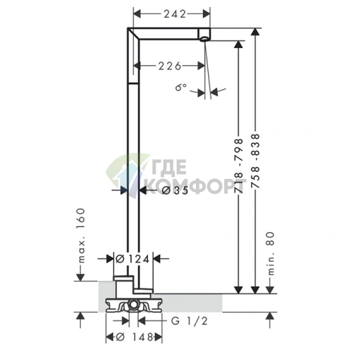 Излив для ванны AX Uno напольный, выступ 226 мм, цвет шлифованный никель (45412820) - фото 2