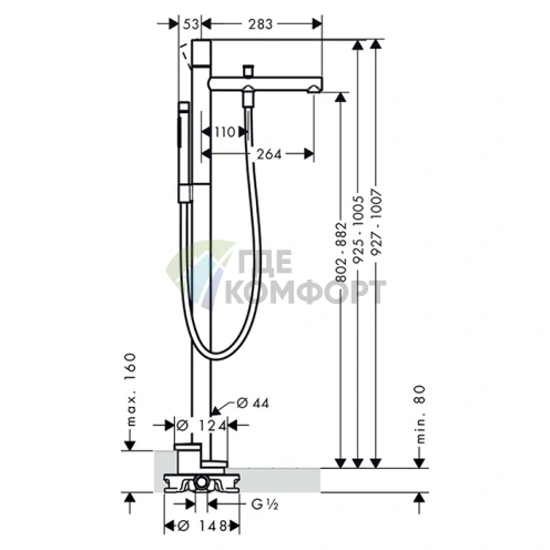 Напольный смеситель AX Uno для ванны с ручным душем, хром (45416000) - фото 2