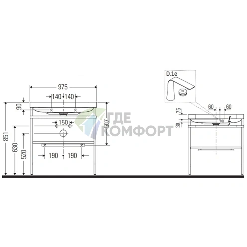 Консольная напольная раковина Duravit Happy D.2 Plus 975х490х850 мм в цвете Графит суперматовый (HP4838O8080) - фото 2