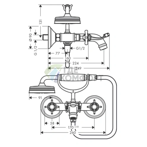 Смеситель для ванны AX Montreux с двумя рукоятками и ручным душем, шлифованный никель (16540820) - фото 2