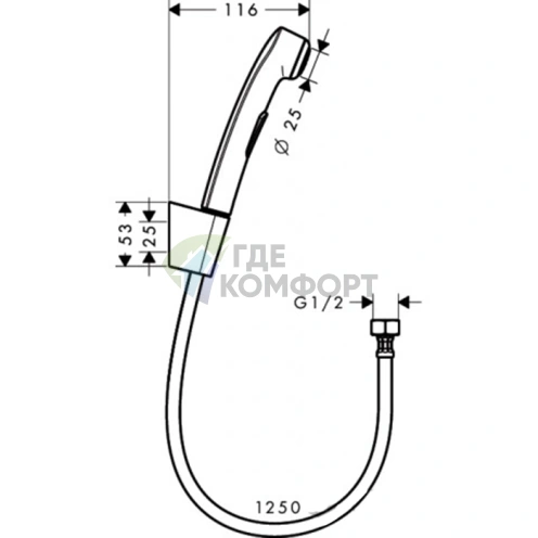 Гигиенический душ Hansgrohe 1jet со шлангом 1,25 м и настенным держателем, хром (32129000) - фото 2
