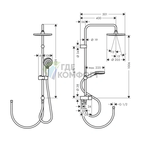 Душевая стойка HG Vernis Blend Reno с верхним душем, хром (26272000) - фото 2