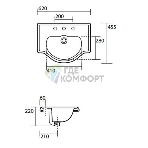 Kerasan Retro: Черная встраиваемая раковина 62х45.5 см с переливом (103004 Nero lucido *1) - фото 2