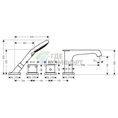 Смеситель для ванны AX Citterio E на 4 отверстия, цвет шлифованный никель (36410820) - фото 2