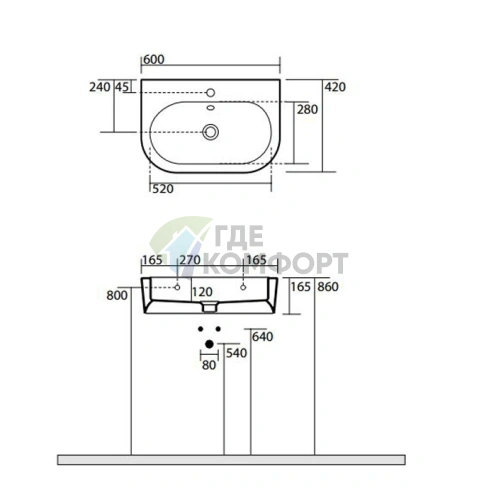Раковина Kerasan Flo 60х42 накладная белая с отверстием под смеситель (314201*1) - фото 2