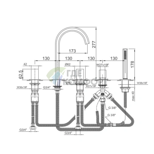 Смеситель для ванны Fantini Venezia с ручным душем, 5 отверстий, излив 175 мм, цвет Nickel PVD (29 95 N465S) - фото 2